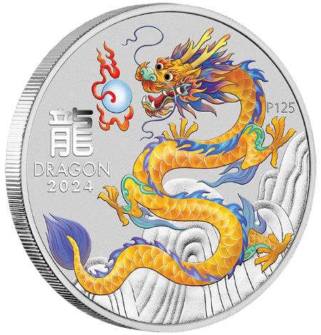 2024 ANDA Melbourne Money Expo Perth Mint Australian Lunar Series III-Year of the Dragon Yellow 1oz Silver Coloured Coin 