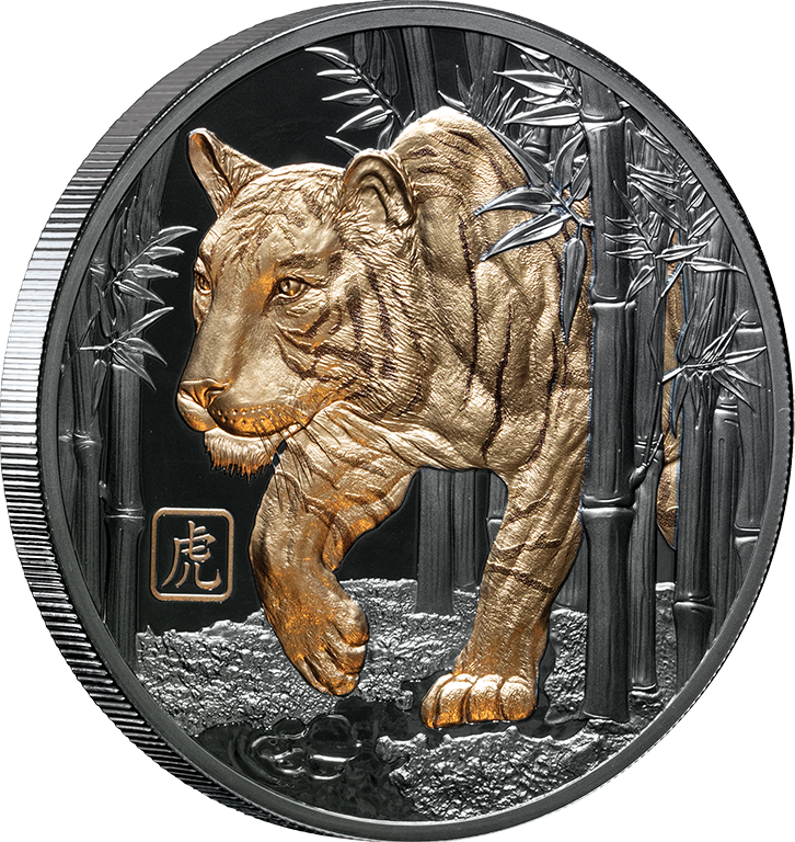 2022 $10 Lunar Year of the Tiger 5oz Silver Gold-Gilded Black Proof Coin