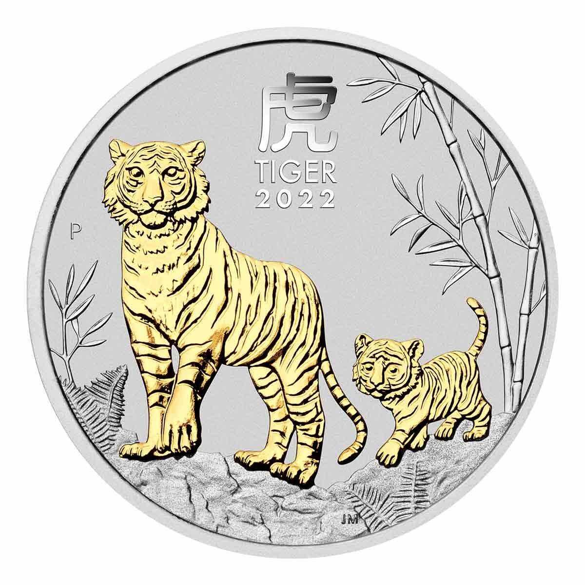 2022 $1 Lunar Year of the Tiger Gold-Gilded 1oz Silver Brilliant Uncirculated Coin