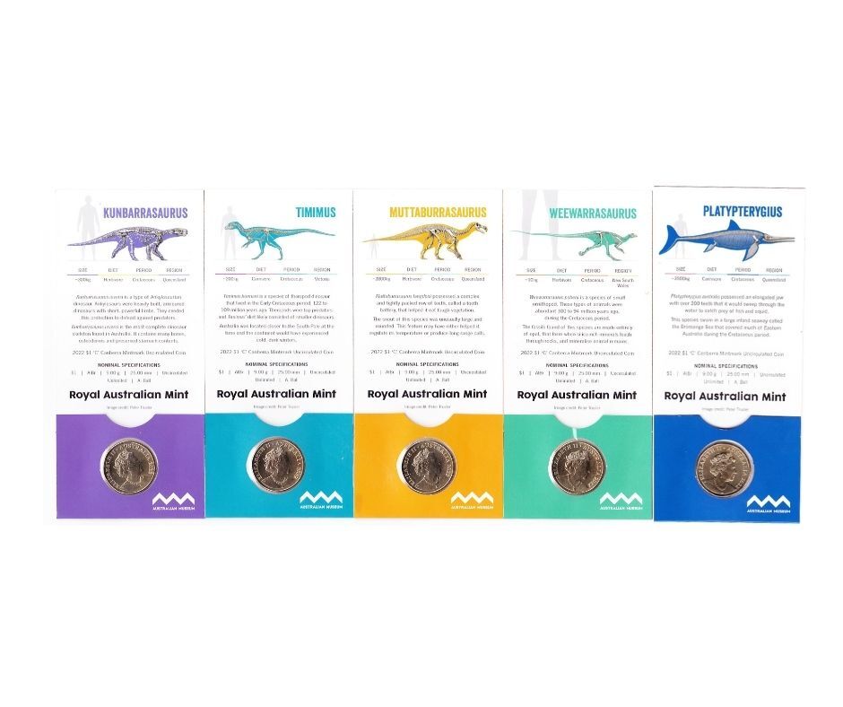 5 x 2022 $1 Dinosaurs Downunder $1 C Mintmark Set of All Card Styles