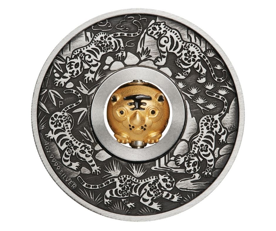 2022 $1 Lunar Year of the Tiger Rotating Charm 1oz Silver Antique Coin