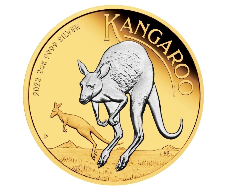 2022 $2 Australian Kangaroo Reverse Gold-Gilded 2oz Silver Proof Coin