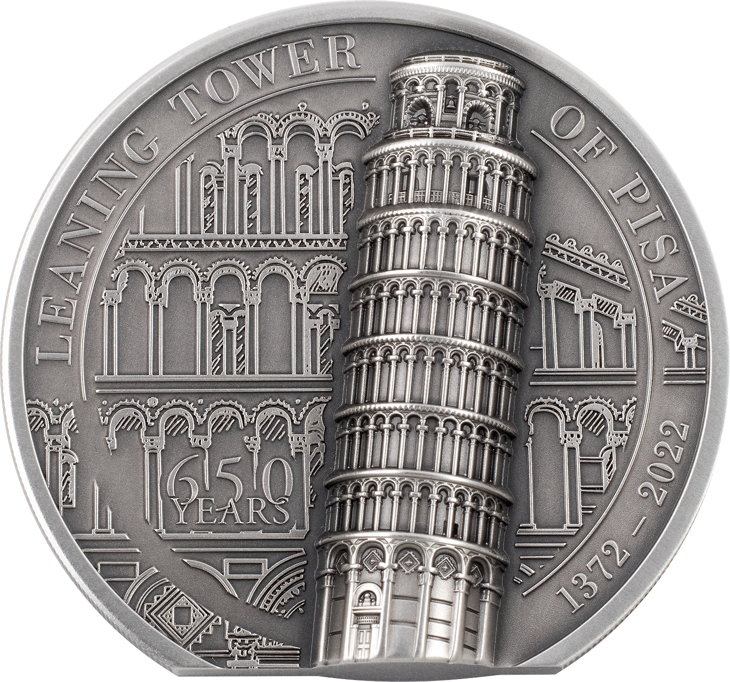 2022 $10 Leaning Tower of Pisa 2oz Silver High Relief Antiqued Coin