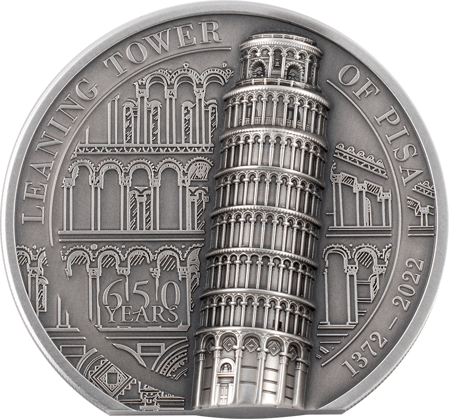 2022 $10 Leaning Tower of Pisa 2oz Silver High Relief Antiqued Coin