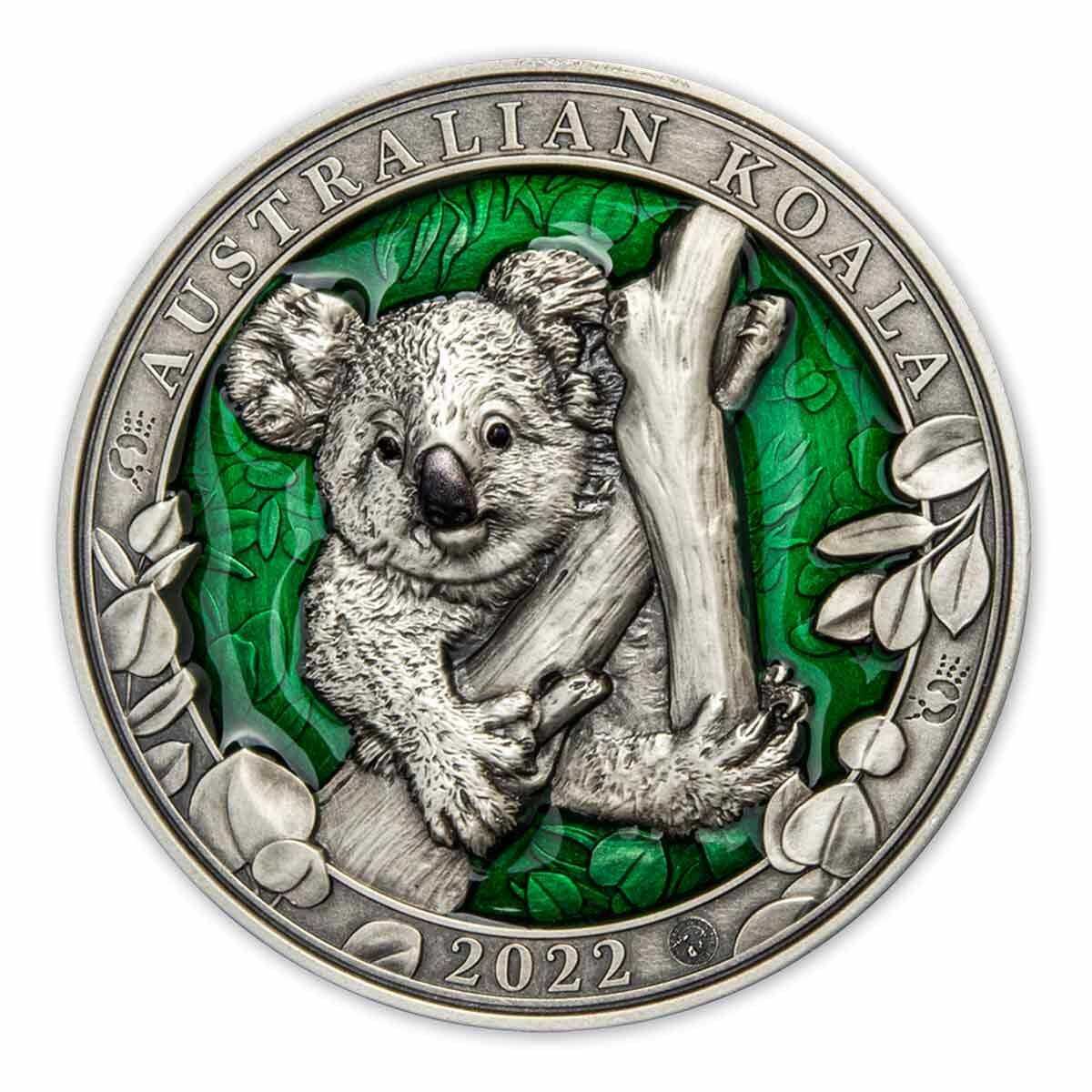 2022 Koala 3oz Enamel Silver Antique High Relief