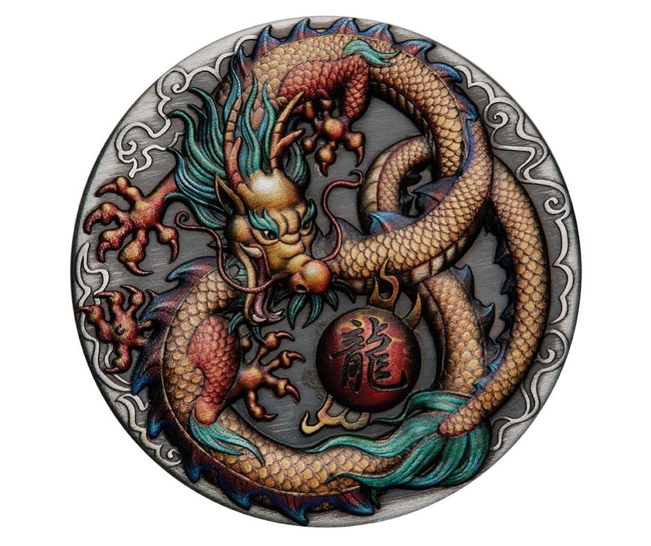 2022 Dragon 2oz Silver Coloured Antiqued Coin