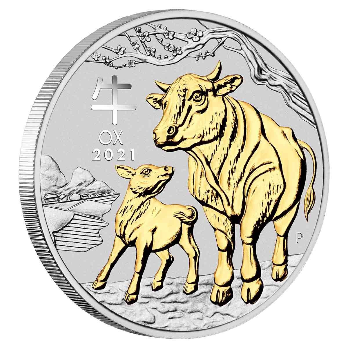 2021 $1 Year of the Ox Gold-Gilded 1oz Silver Brilliant Uncirculated Coin