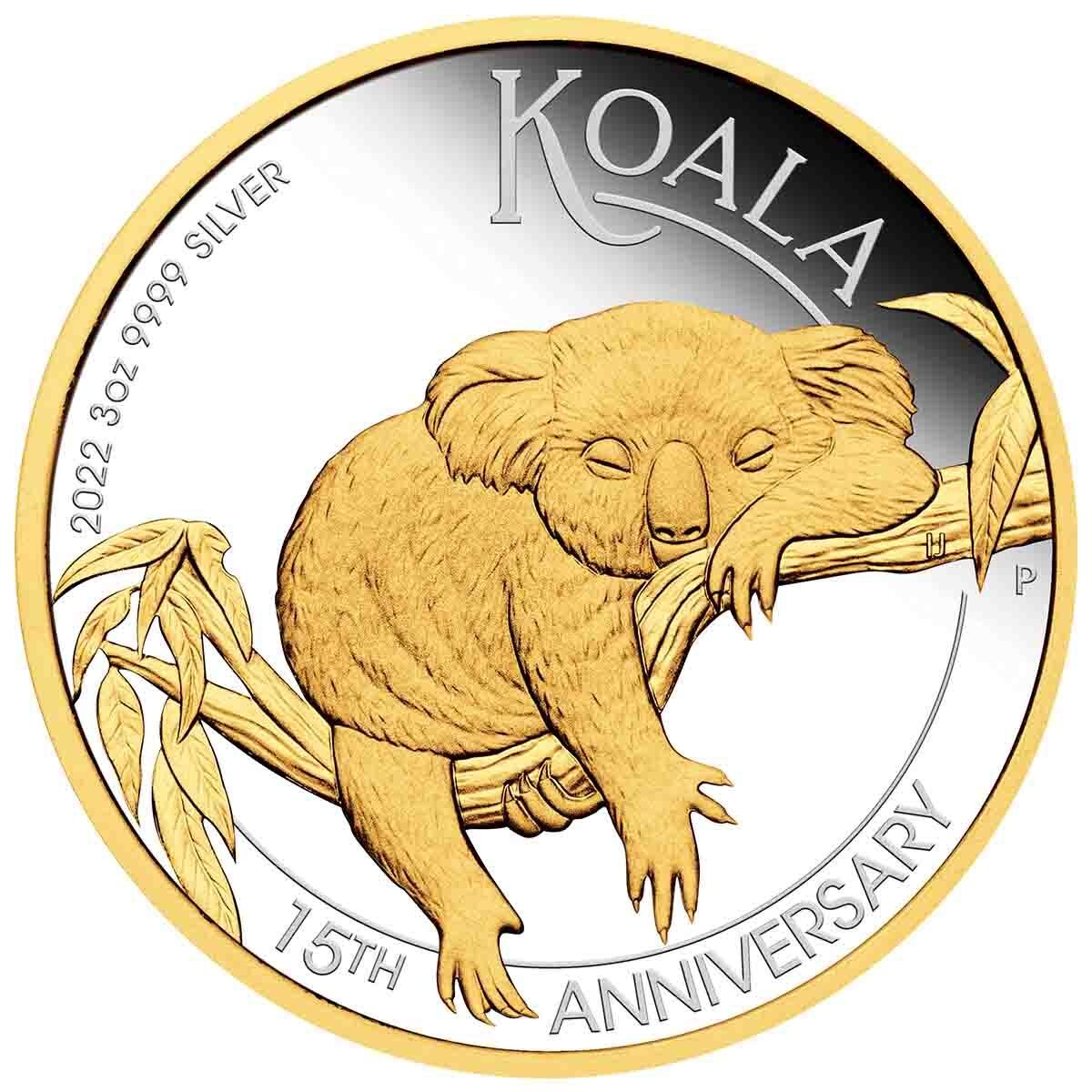 2022 $3 Australian Koala 15th Anniversary Gold-Gilded 3oz Silver Proof 