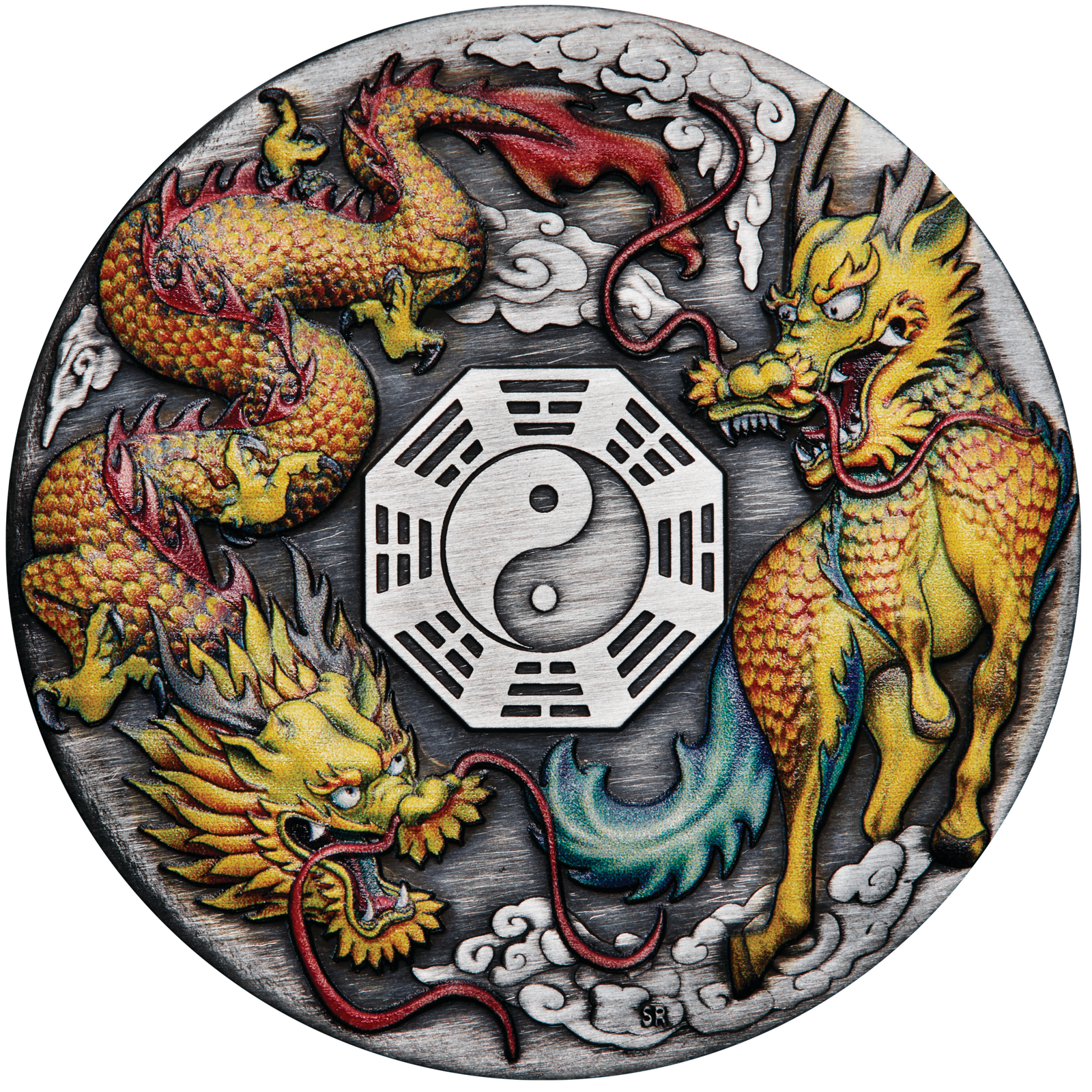2022 Dragon and Qilin with Bagua 2oz Silver Coloured Antiqued Coin