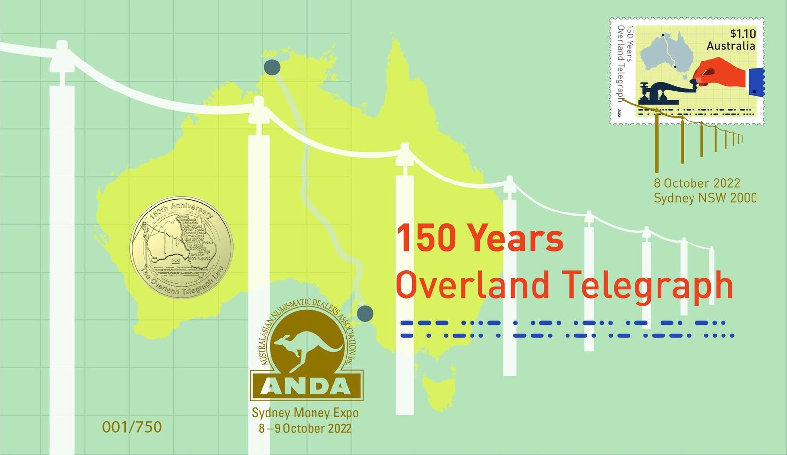 2022 Sydney ANDA Money Expo PNC Trio Overland Telegraph 150 Yrs (PM)+ Overland Telegraph 150 Yrs  (RAM) + 2022 $1 Wallal Centenary
