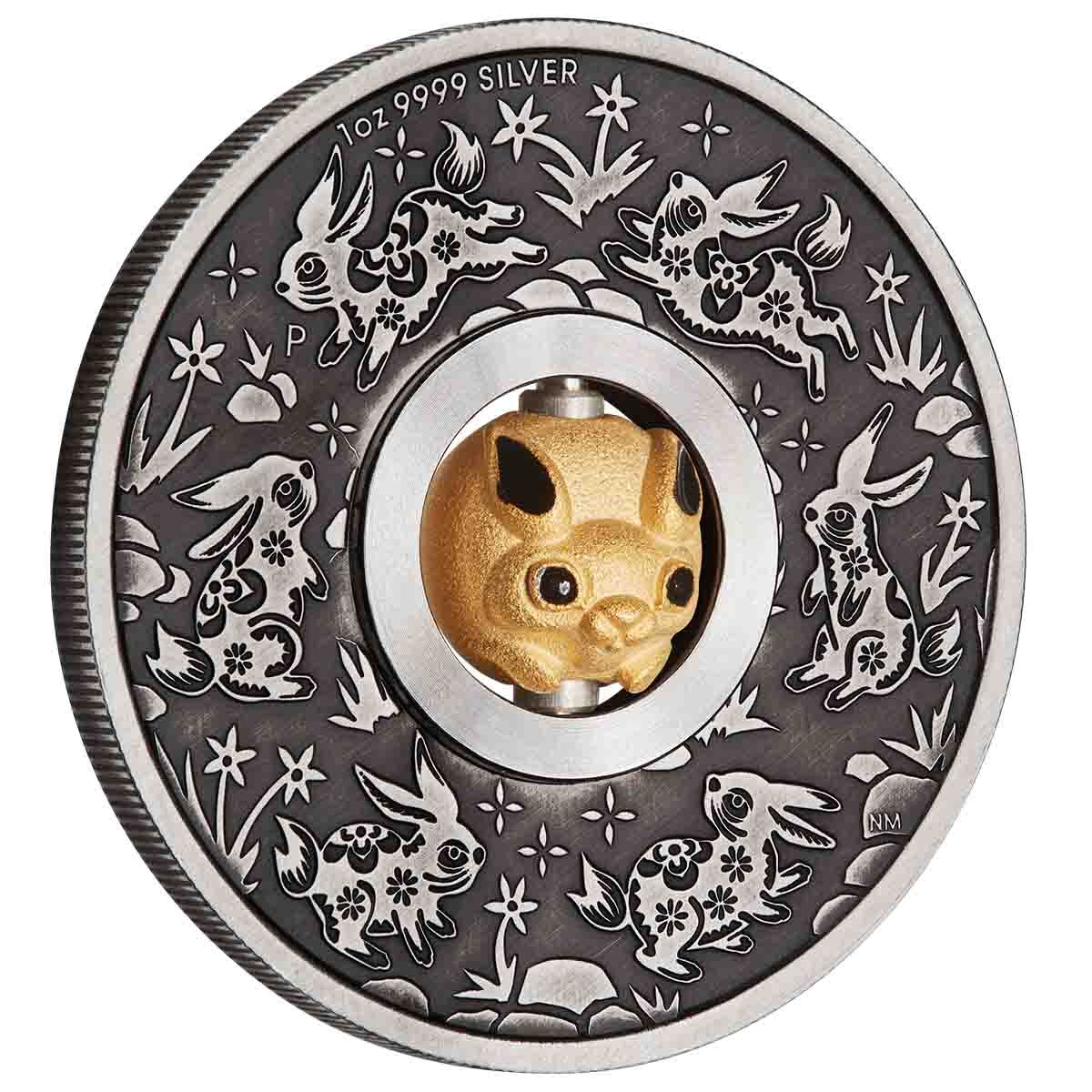 2023 $1 Lunar Year of the Rabbit Rotating Charm 1oz Silver Antique Coin