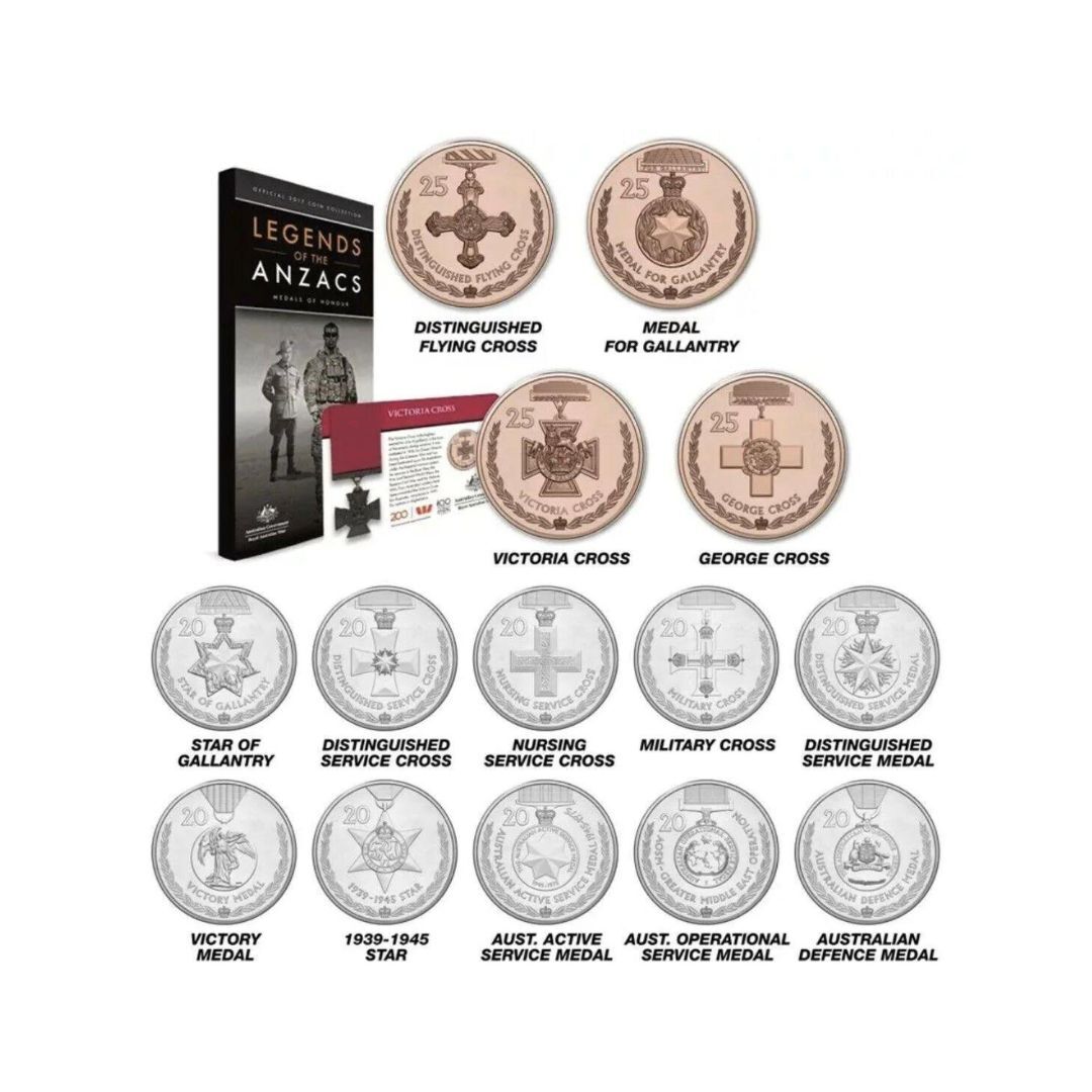 2017 LEGENDS OF THE ANZACS MEDALS OF HONOUR - 14 COIN COLLECTION