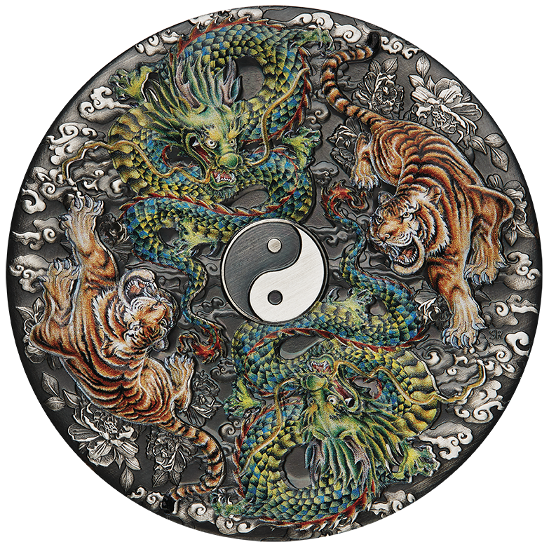 2023 Double Dragon and Double Tiger with Yin Yang 5oz Silver Antiqued Coloured Coin