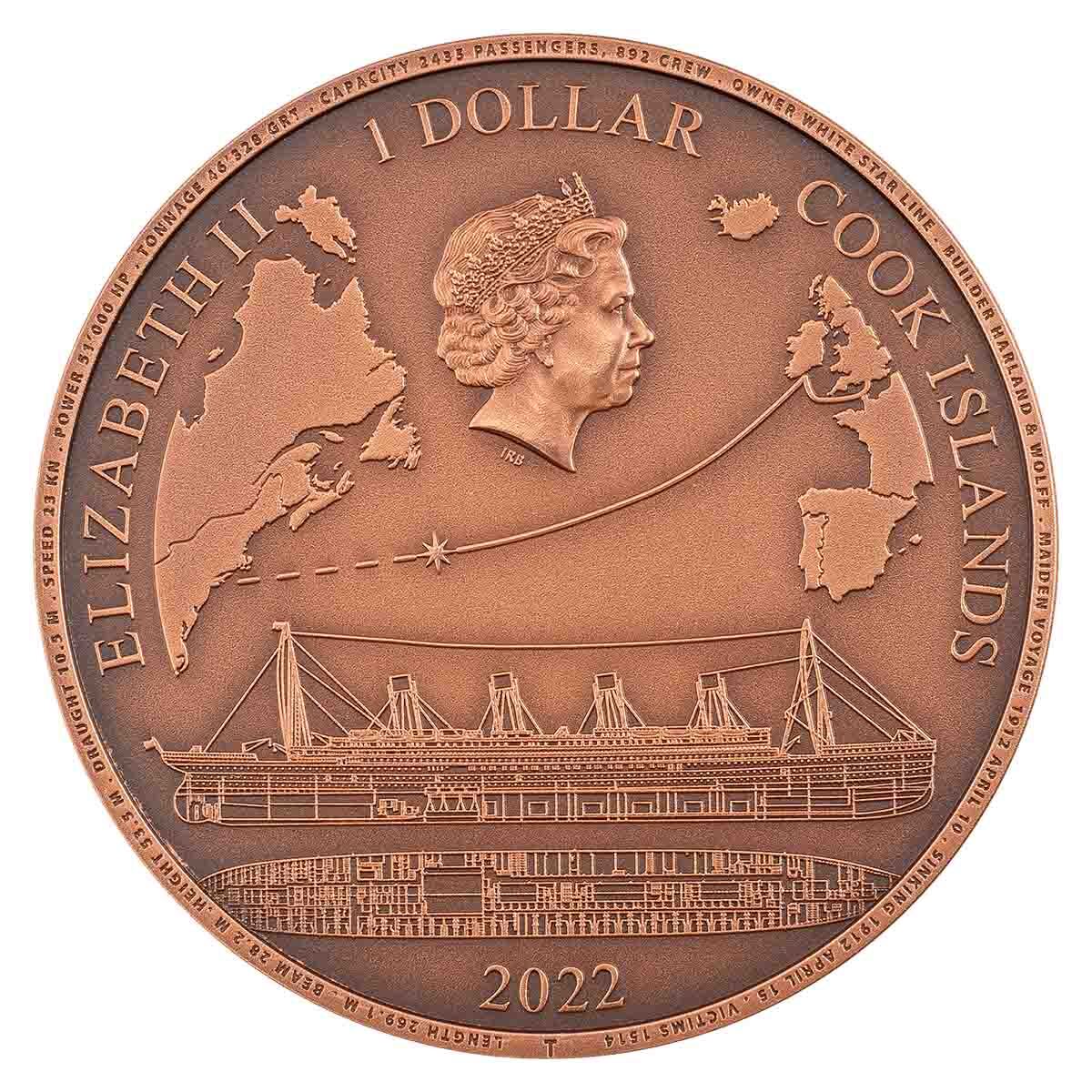2022 $1 Titanic 50g Copper Antiqued Ultra High Relief Coin