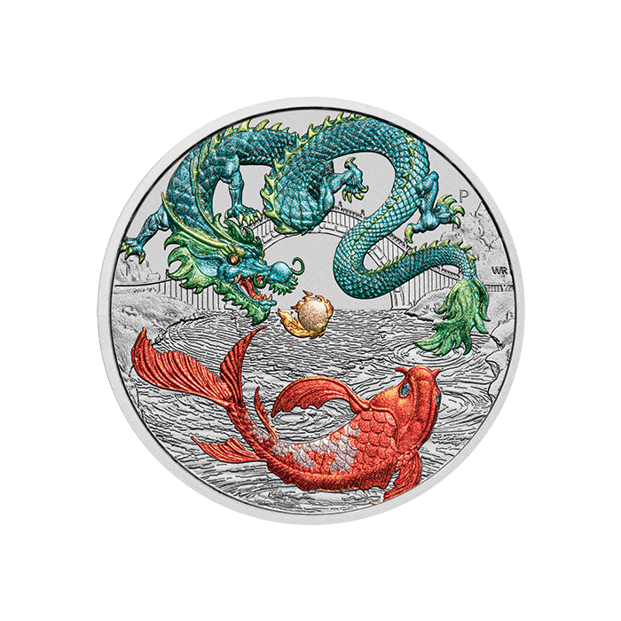  2023 $1 Chinese Myths and Legends Green Dragon and Koi 1oz Silver Coloured Coin in Card