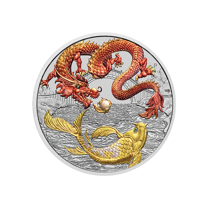  2023 $1 Chinese Myths and Legends Red Dragon and Koi 1oz Silver Coloured Coin in Card