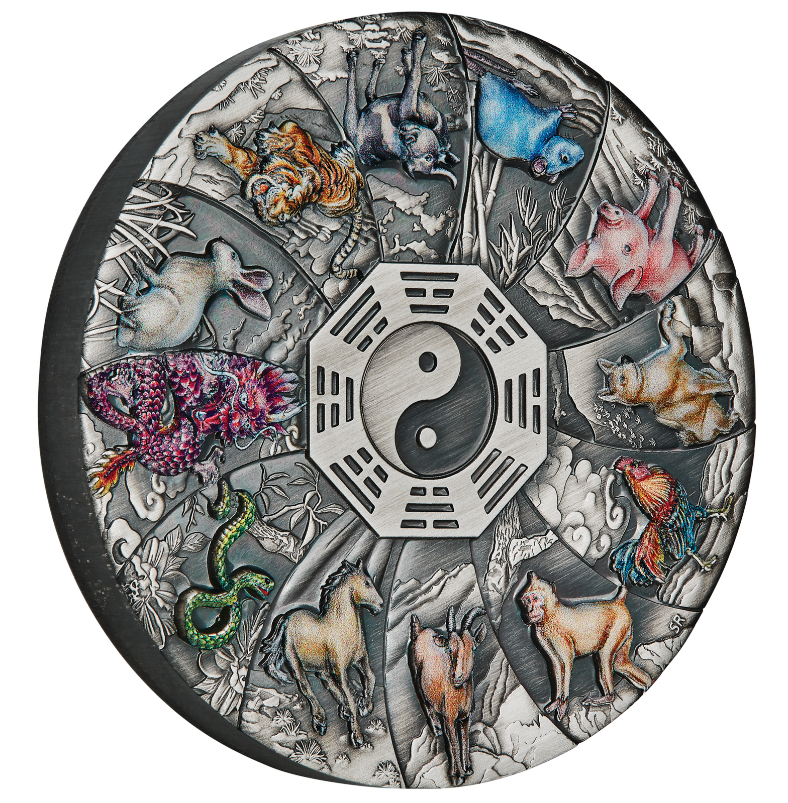 2023 12 Lunar Animals 5oz Silver Antiqued Coloured Coin