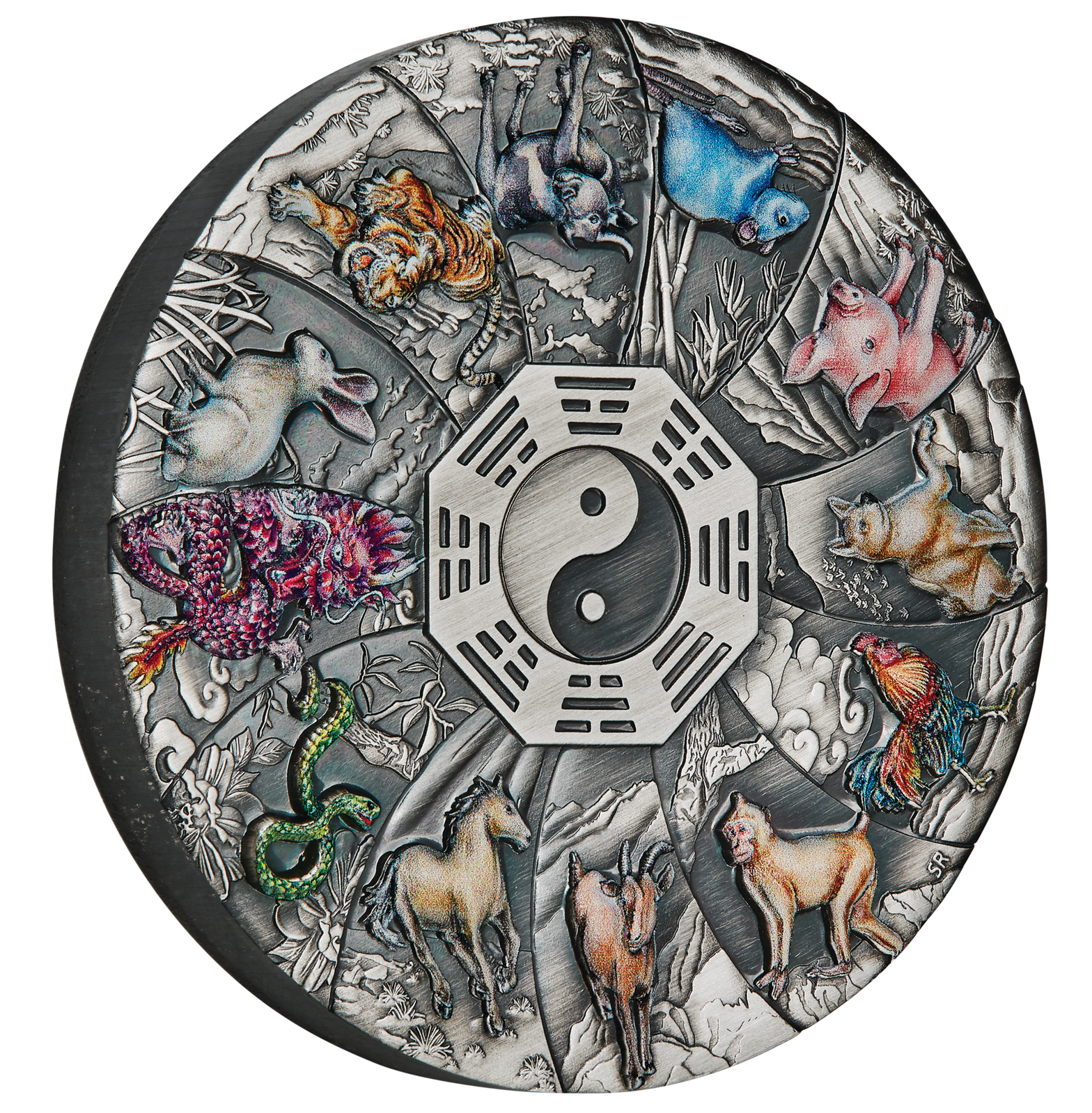 2023 12 Lunar Animals 5oz Silver Antiqued Coloured Coin