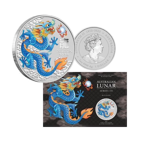 2024 Year of the Dragon Coin Set: Blue Dragon 1oz Silver Coloured Coin in Card + Rotating Charm Antiqued Coin