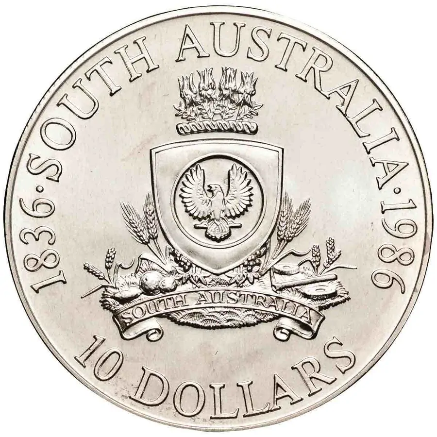 1986 $10  South Australia Silver Uncirculated Coin in 2x2 Flip