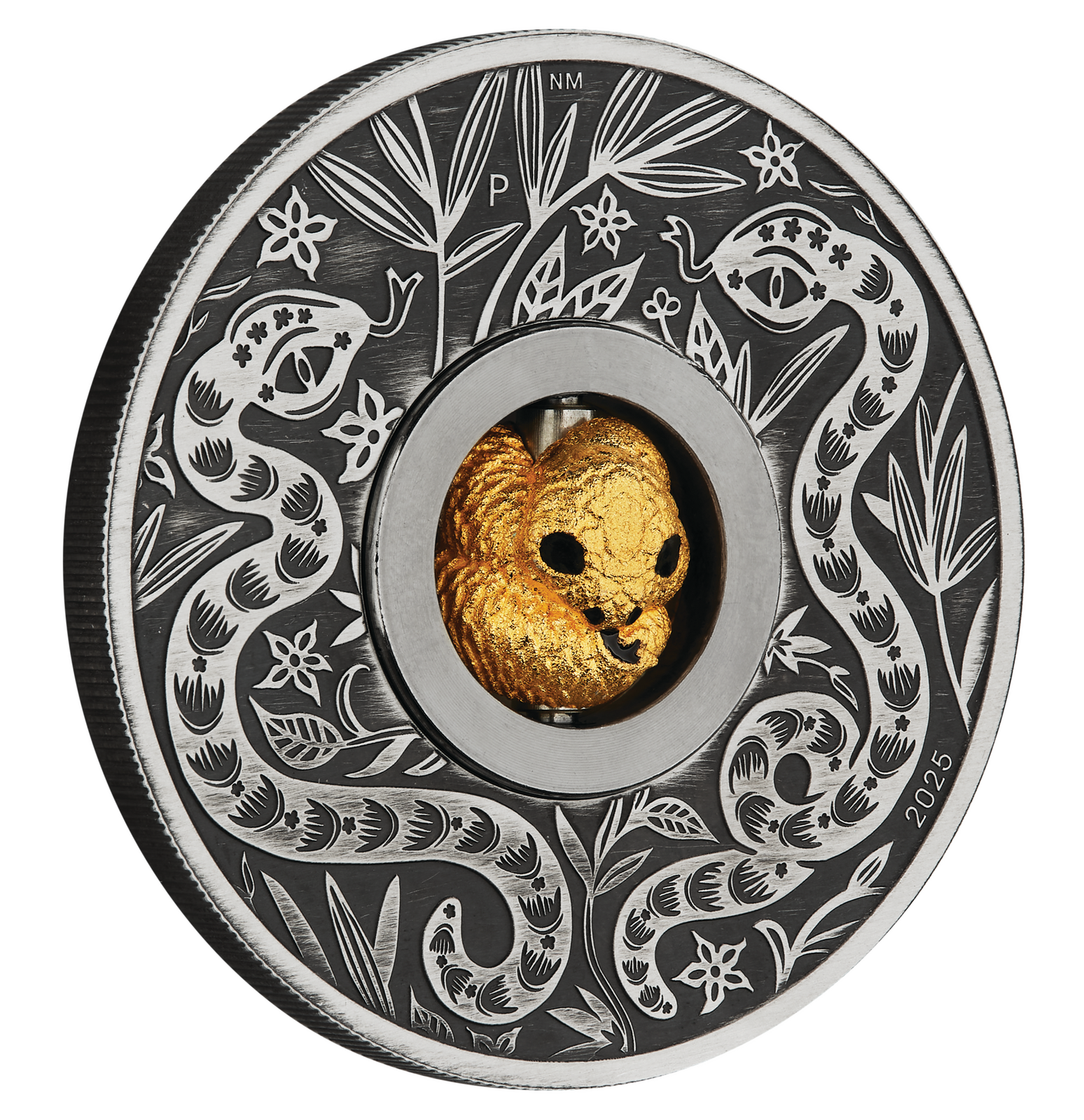 2025 $1 Year of the Snake Rotating Charm 1 Oz Silver Antiqued Coin