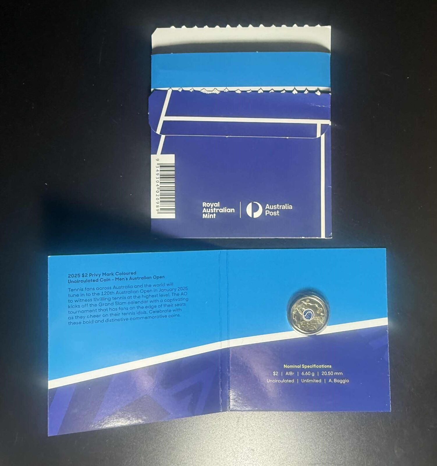 OPENED PACKAGING 2025 $2 Privy Mark Coloured Uncirculated Coin- Men's Australian Open