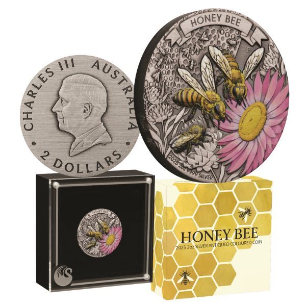 2025 2oz Honey Bee  Silver Antiqued Coloured Coin & Renniks 33rd Edition Australian Coin & Banknote Values Book - Soft Cover 