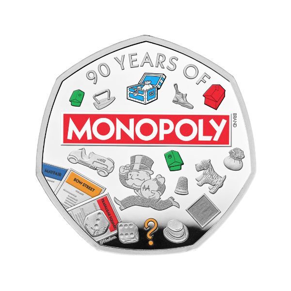 2025 50p Monopoly 90th Anniversary Silver Proof Coloured Coin