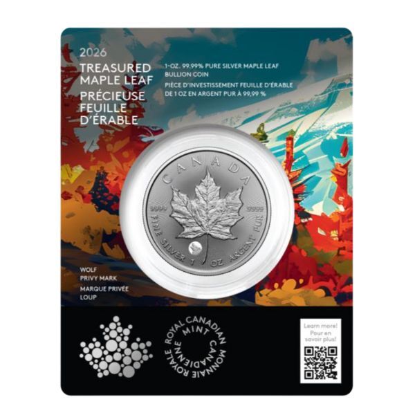 2026 $5 Treasured Silver Maple Leaf Wolf Privy Mark 1 Oz Premium Bullion