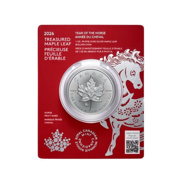 2026 $5 Treasure Silver maple Leaf Year of Horse Privy Mark 1 Oz Premium Bullion