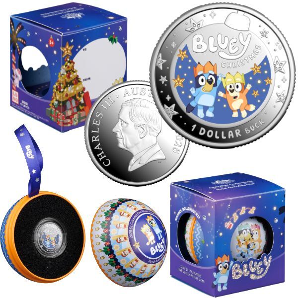  Bluey Christmas Combo 2025 $1 Bluey Christmas Decoration Colour Silver Proof Coin + 5 x Uncirculated Bluey $1 Christmas Decoration Coins