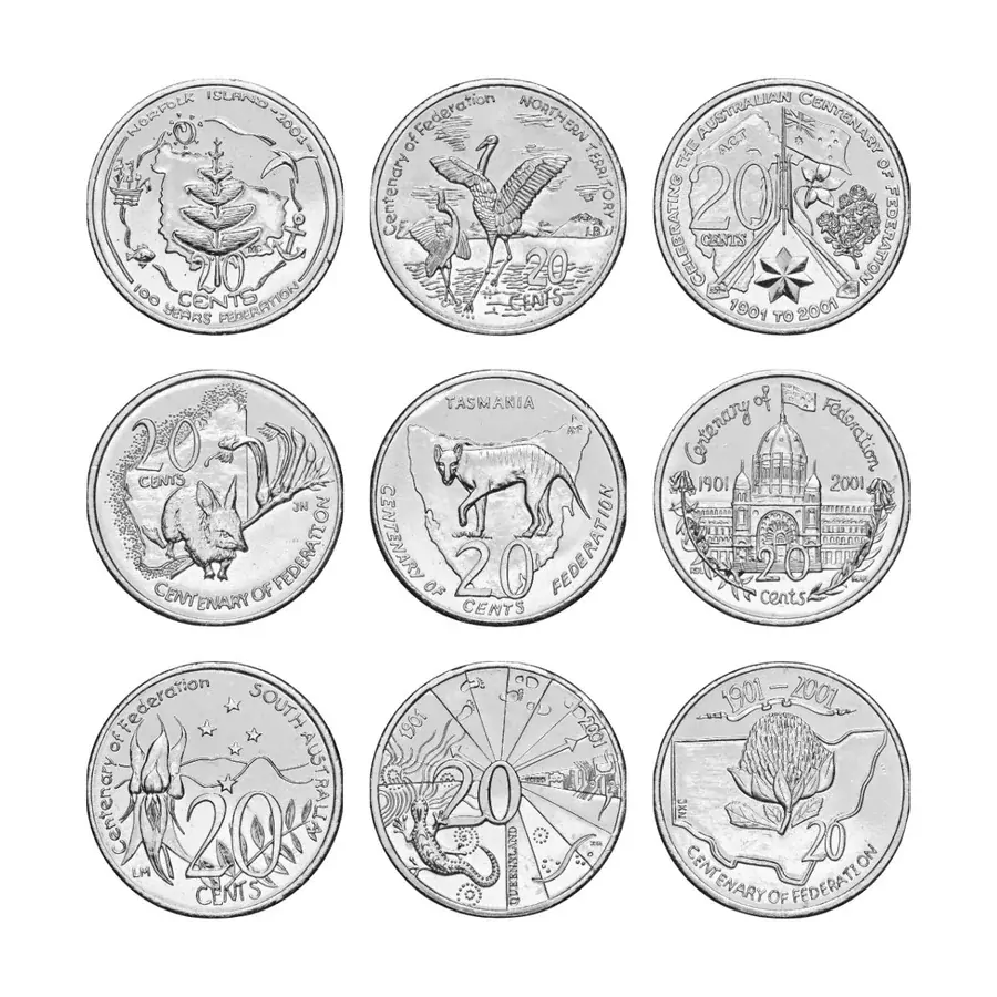 2001 Australia Federation Centenary 20c States & Territories Uncirculated 9 Coin Portfolio