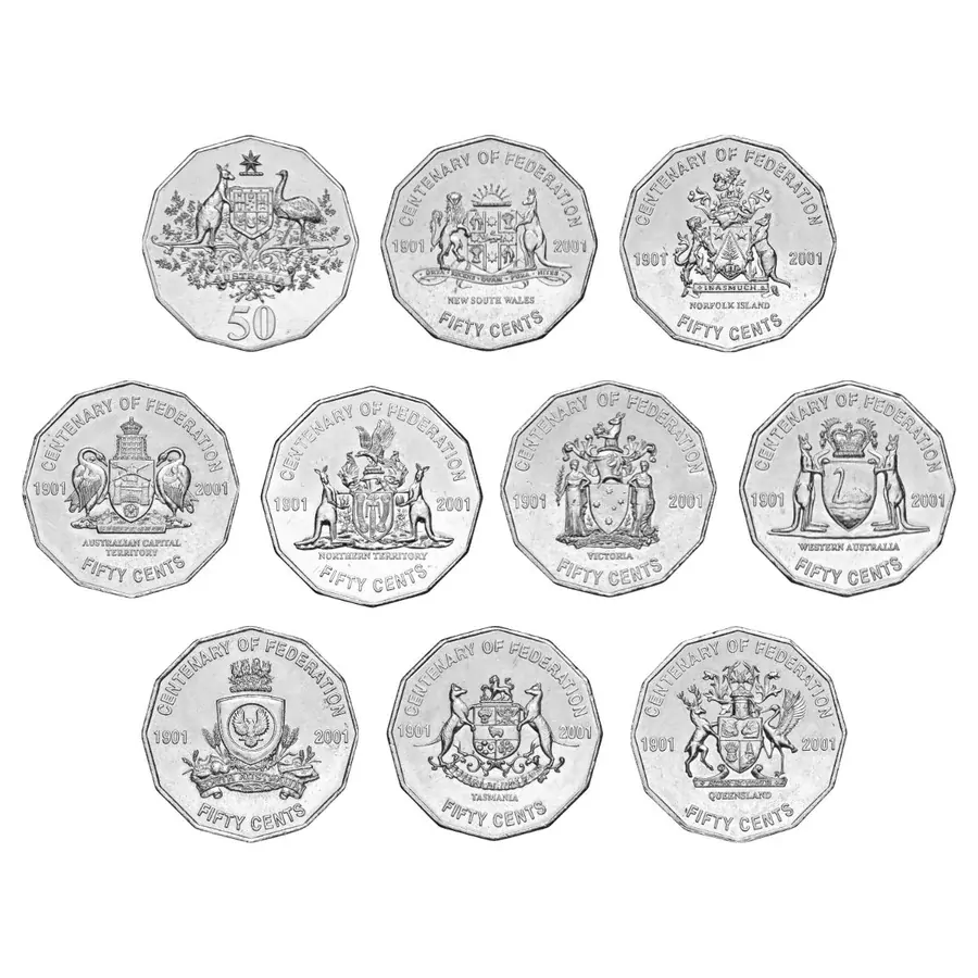 2001 Australia Federation Centenary 50c States & Territories Uncirculated 10 Coin Portfolio