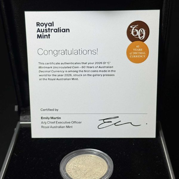First 100 Coins Of 2026 $1 60th Anniversary Of Decimal Currency 'C' Mintmark Uncirculated Coin - Number 10