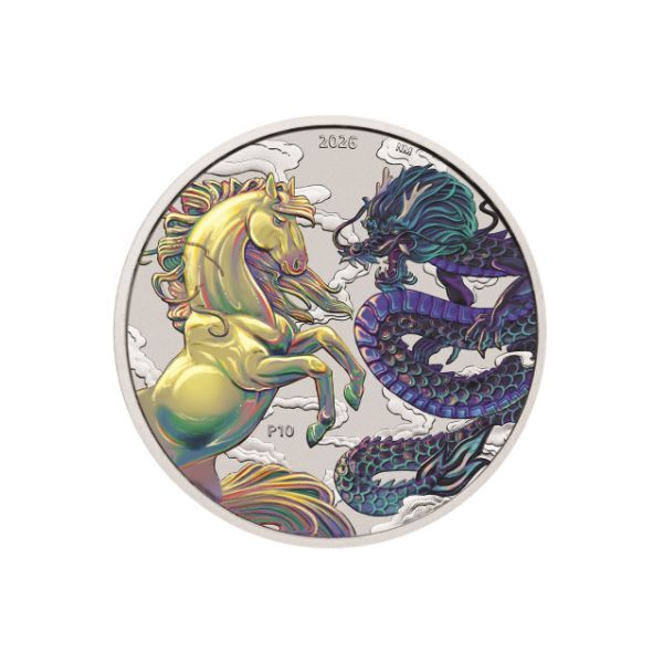 2026 Dragon and Horse - Chinese Myths and Legends 1 Oz Silver Opalite Coloured Coin in Card