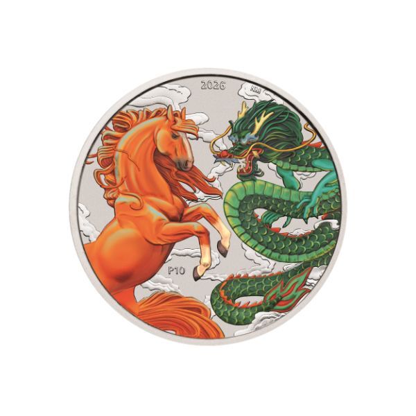2026 Dragon and Horse Chinese Myths and Legends 1 Oz Silver Fire and Earth Coloured Coin in Card