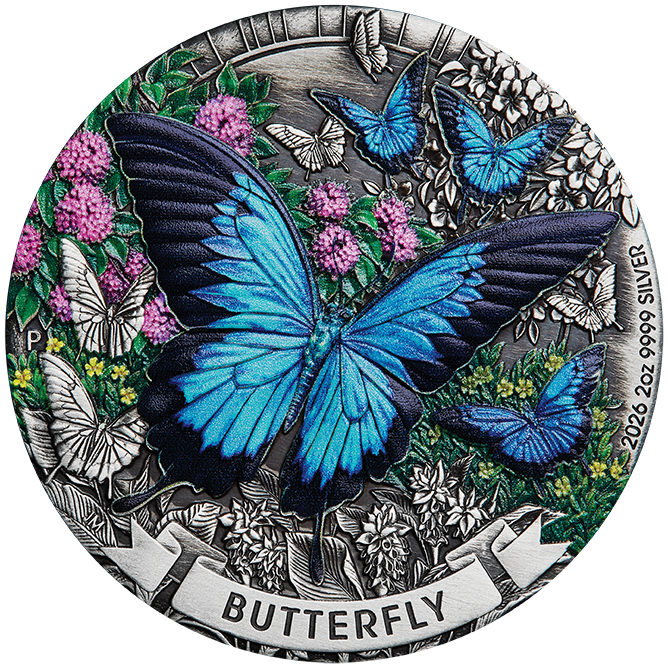 2026 Butterfly 2 Oz Silver Antiqued Coloured Coin
