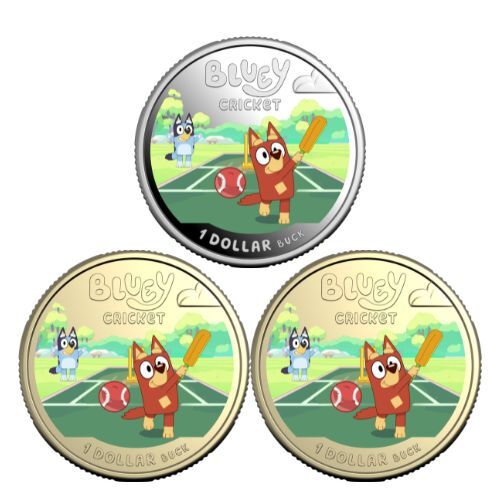 COMBO 2027 $1 Bluey Cricket Coloured Coin Combo 1 Silver Proof 2 x Uncirculated