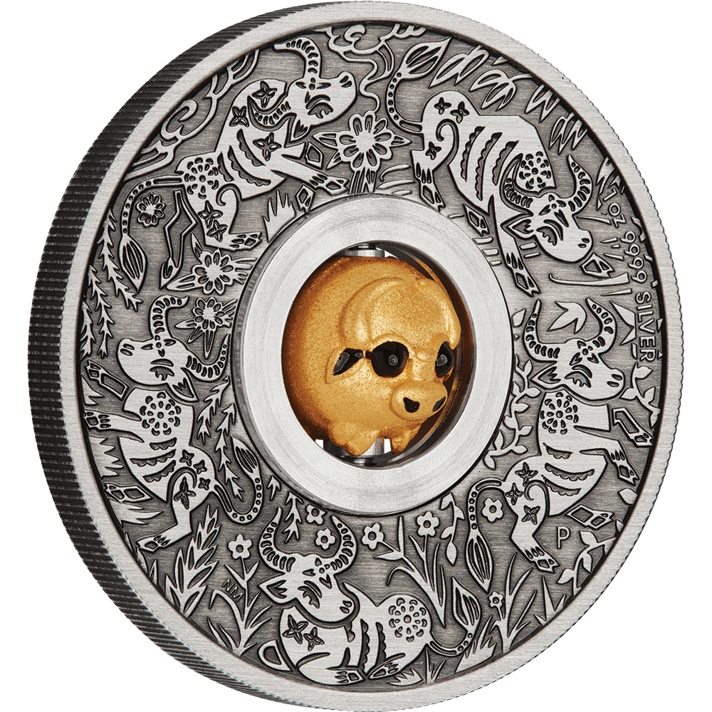 2021 Year of the Ox Rotating Charm 1oz Silver Antiqued Coin