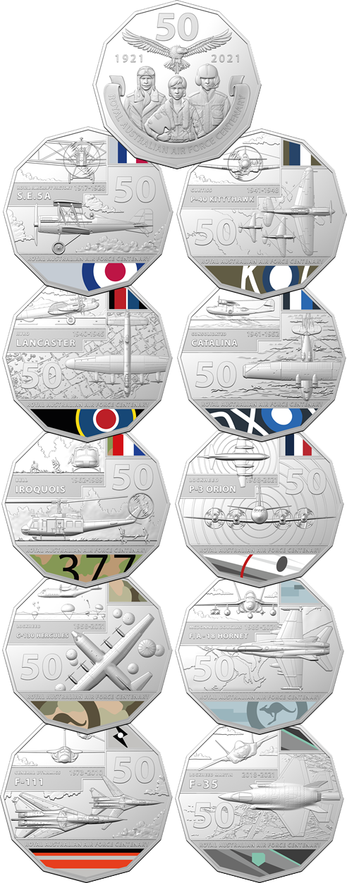 2021 A Century Of Air Power - Royal Australian Air Force (RAAF) 11 x 50c Collection