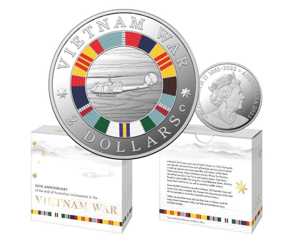 2023 $2 50th Anniversary of the End of Australia’s Involvement in the Vietnam War. ‘C’ Mintmark Coloured Fine Silver Proof Coin