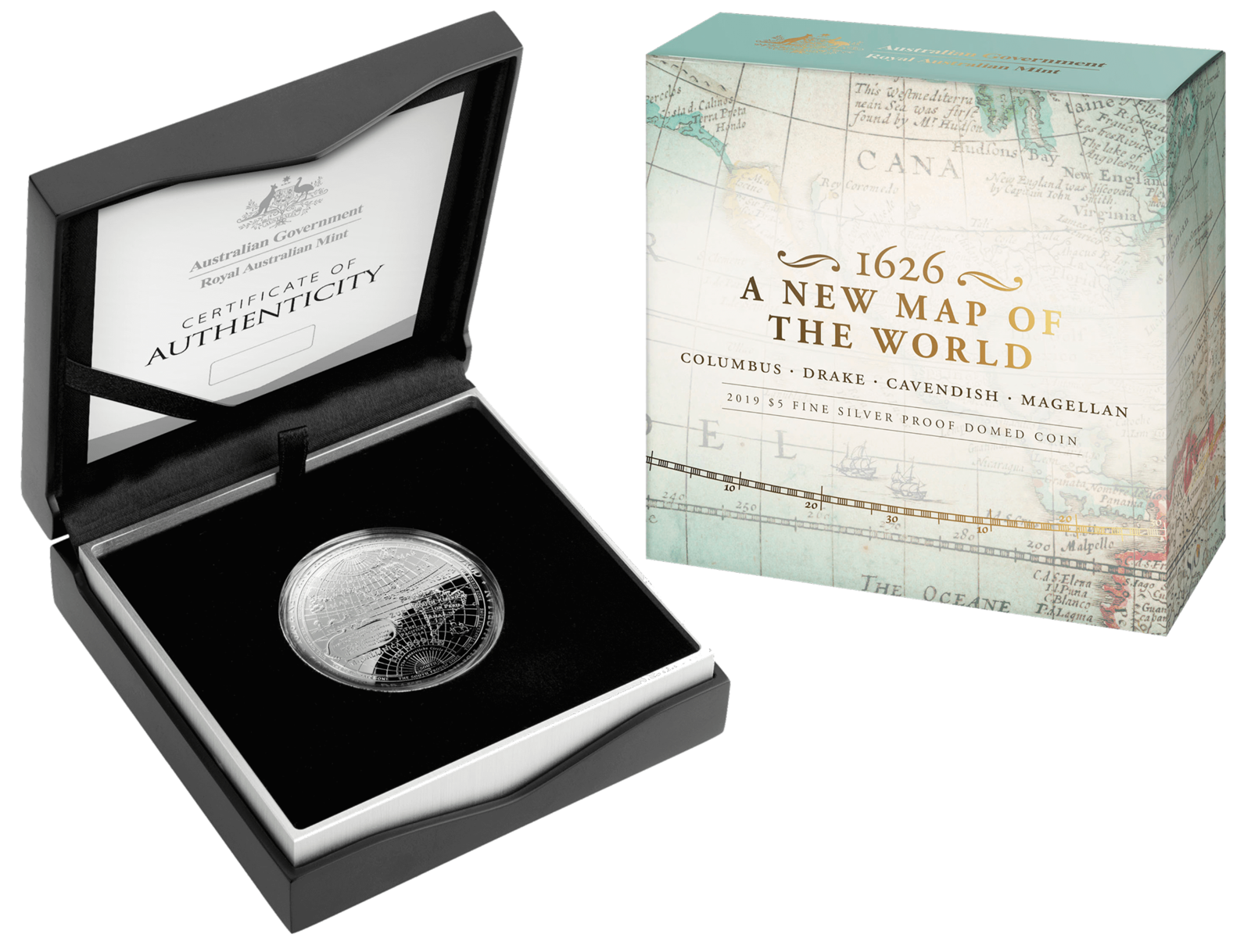 <b>2019 $5 1642 A New World Map Fine Silver Domed Coin </b>