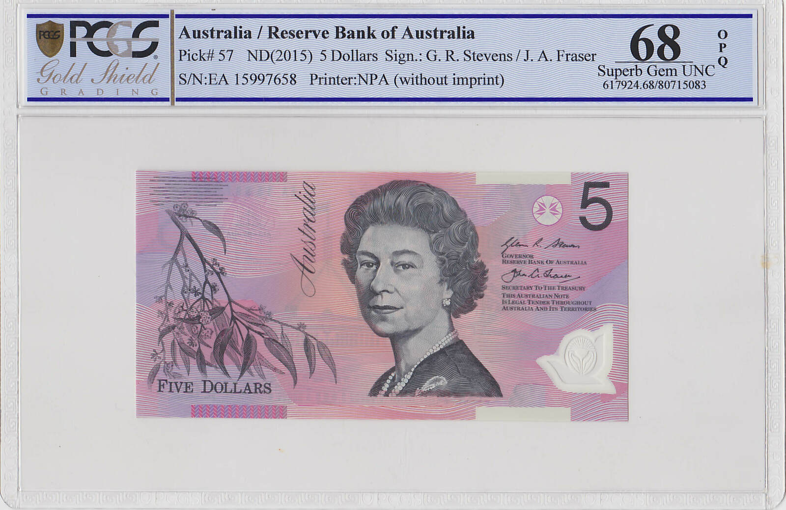 <b>2015 $5 Stevens/Fraser PCGS MS68 EA Last Prefix Polymer Banknote</b>