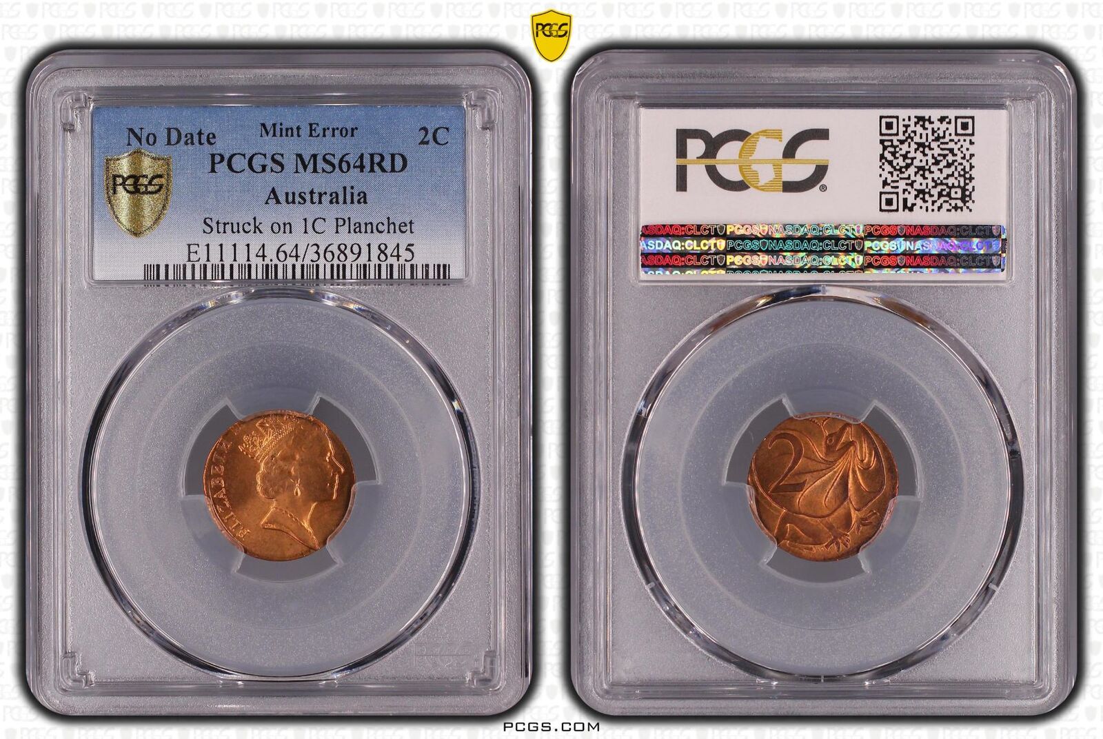 <b>NO DATE 2 Cent Struck on 1 Cent Planchette Error PCGS Graded MS64RD </b>
