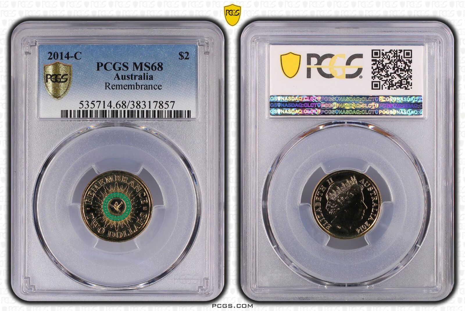 <b>MS68 2014 C Mintmark $2 Green Remembrance Peace Dove PCGS </b>