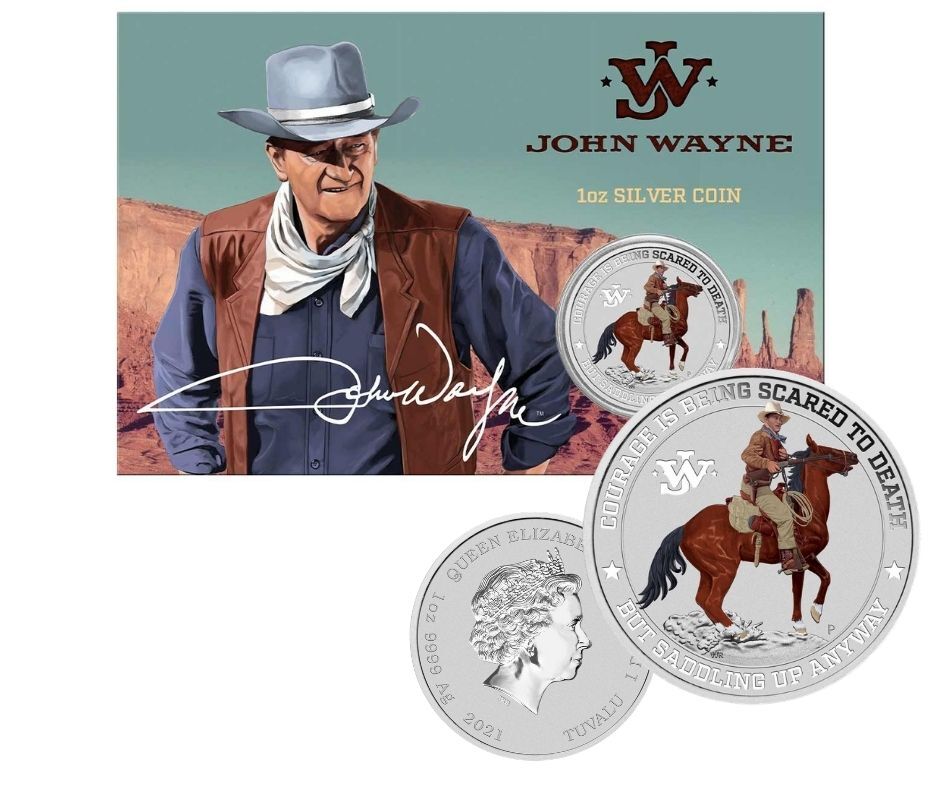<b>2021 $1 John Wayne 1 Oz Colour Silver BU Coin</b>