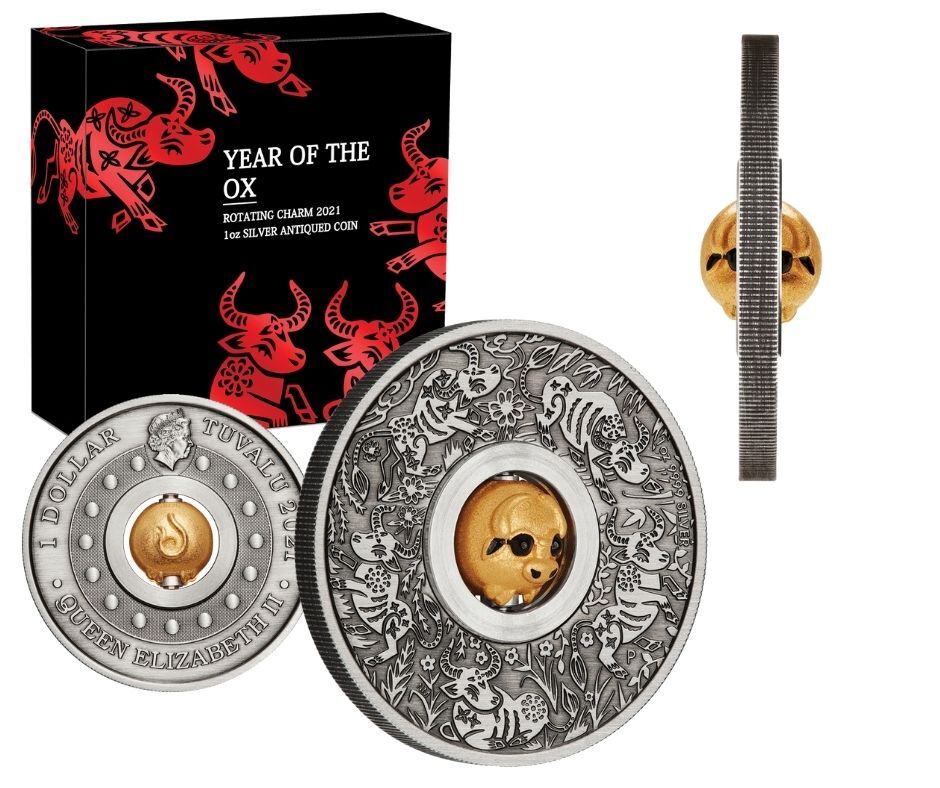 <b>2021 Year of the Ox Rotating Charm 1oz Silver Antiqued Coin</b>