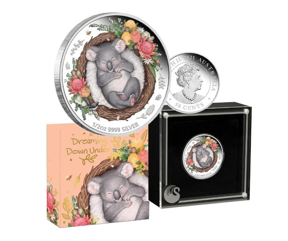 <b style="font-size: 18px;">2021 50c Dreaming Down Under - Koala 1/2oz Silver Proof Coloured Coin</b><br>