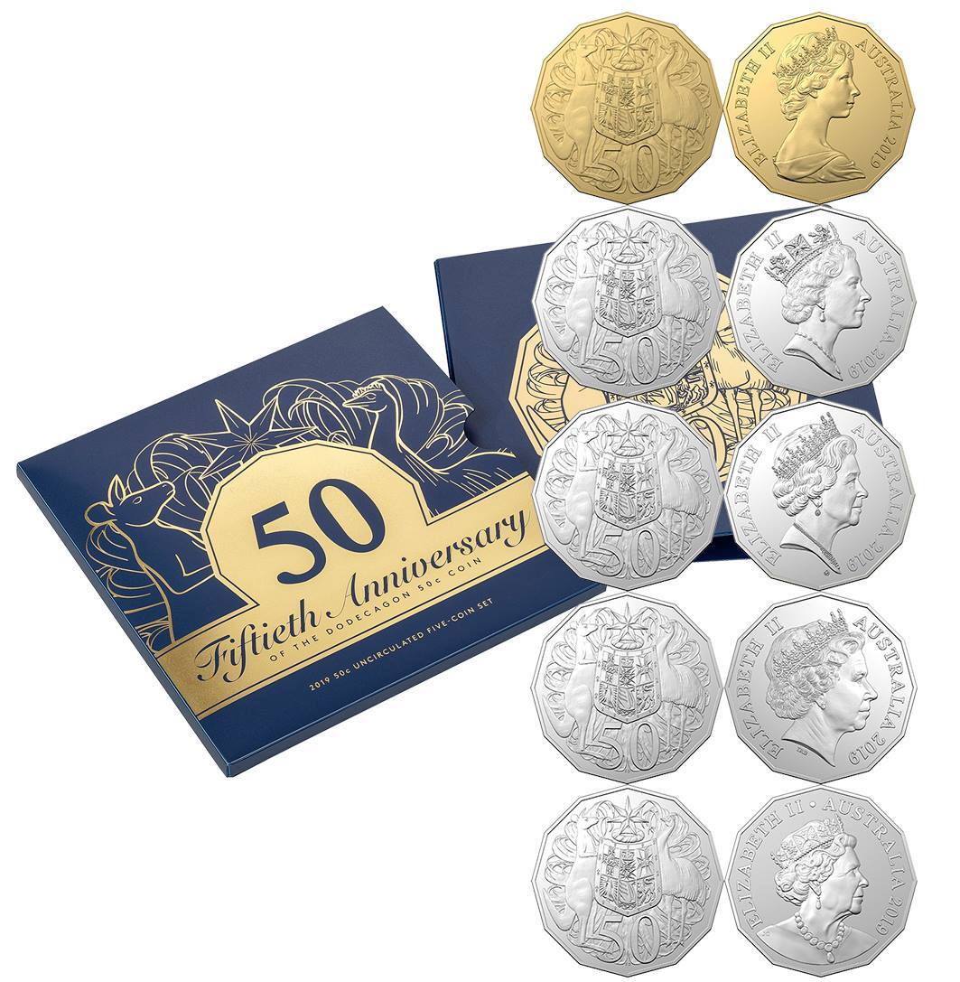 50th Anniv 50c Coin 2019 Australia 5 Coin Unc Set with Gold plated 50c
