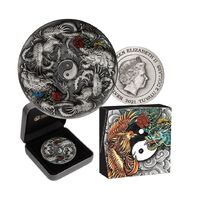 2021 Double Dragon and Double Phoenix with Yin Yang 2oz Silver Antiqued Coloured Coin